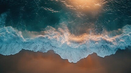 Aerial view of ocean waves crashing on sandy beach at sunset.