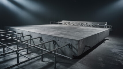 A stark, industrial concrete platform with exposed steel reinforcement, set against a dark, moody background illuminated by beams of light.