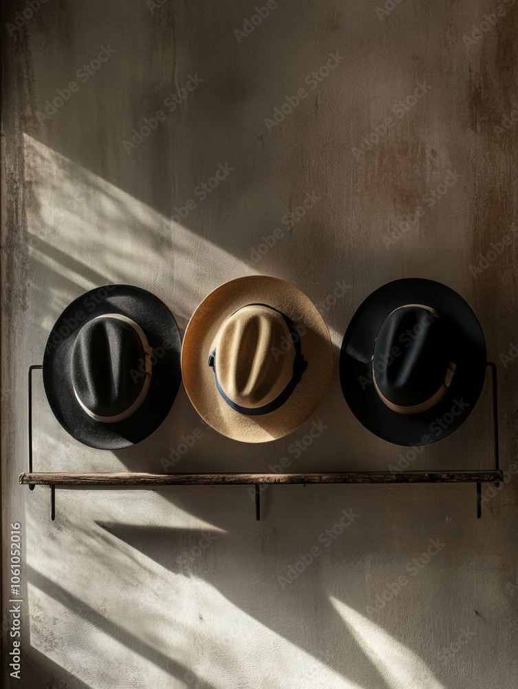 Poster Three classic fedora hats rest on a rustic shelf, beautifully highlighted by soft afternoon light streaming through a window. Generative AI
