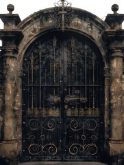 Obraz premium Weathered black metal gate with intricate design and gold accents.