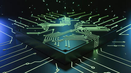 Close-up of a futuristic microprocessor with glowing green circuitry, symbolizing advanced technology and innovation in electronics.