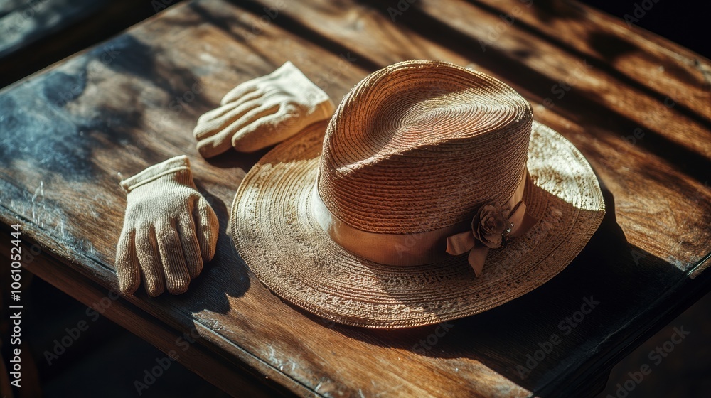 Poster an elegant vintage ladies hat accompanied by delicate gloves sits atop a wooden table, with soft lig
