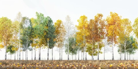 A digital illustration of trees undergoing seasonal changes from spring to winter, with a unique blend of colors.