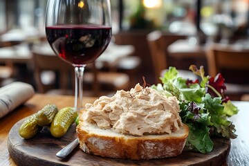 Close-up of slow-cooked rillettes spread on fresh bread, served with pickles, red wine, and a salad on a classic wooden table. A French restaurant terrace adds rustic dining charm