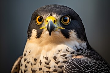Fototapeta premium Male peregrine falcon with yellow eyes and beak, captured in a close-up photo.