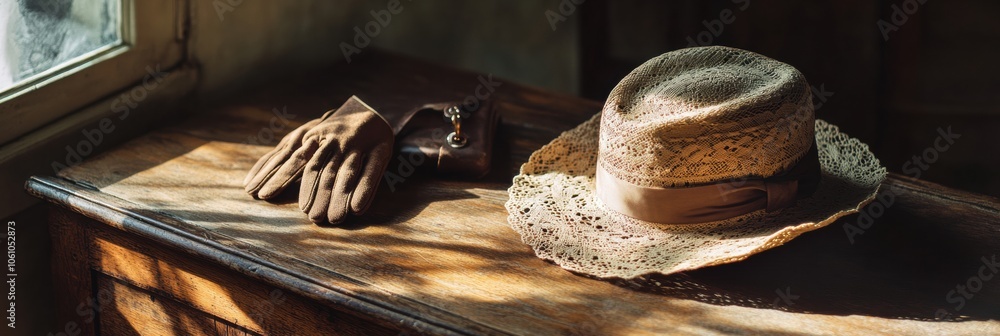 Poster an exquisite vintage ladies hat adorned with lace sits next to a pair of gloves on a rustic wooden t
