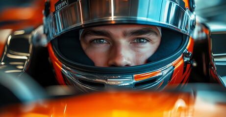 Focused Formula 4 Race Car Driver With Determined Eyes Behind A Sleek Helmet: Capturing The Intensity Of Speed And Precision On The Track