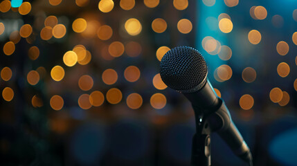 Conference Hall Microphone: A microphone set against an abstract blurred background of a conference hall or wedding banquet, emphasizing the event's formal or celebratory nature.