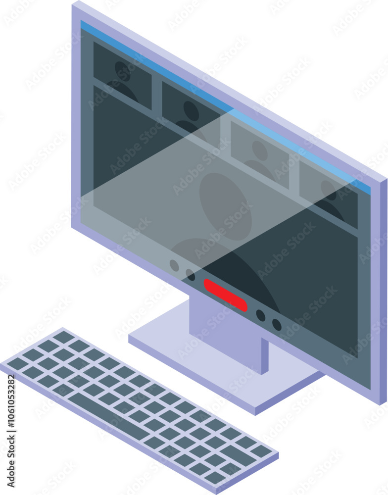 Poster modern desktop computer displaying active video conference with remote workers, illustrating online 