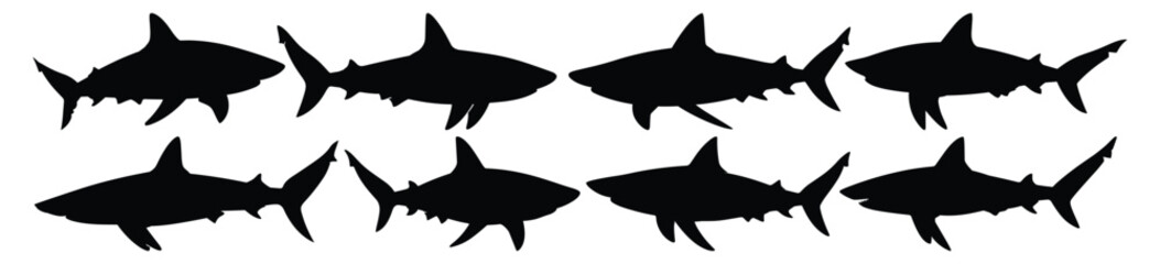 Shark silhouettes set, ocean pack of vector silhouette design, isolated background