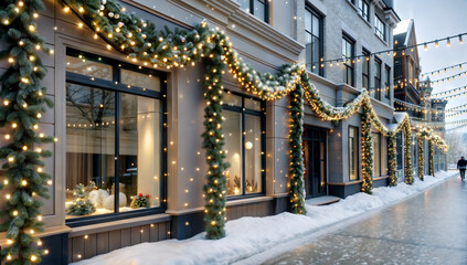 snowy city street with illuminated holiday garlands, Christmas, New Year