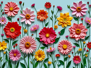 Fototapeta premium Colorful paper flowers arranged artistically on a blue backdrop showcasing various types and vibrant colors