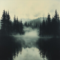 serene and misty forest landscape with reflection of dense trees in a still lake under a foggy sky