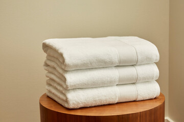 Stack of towels on a small wooden table