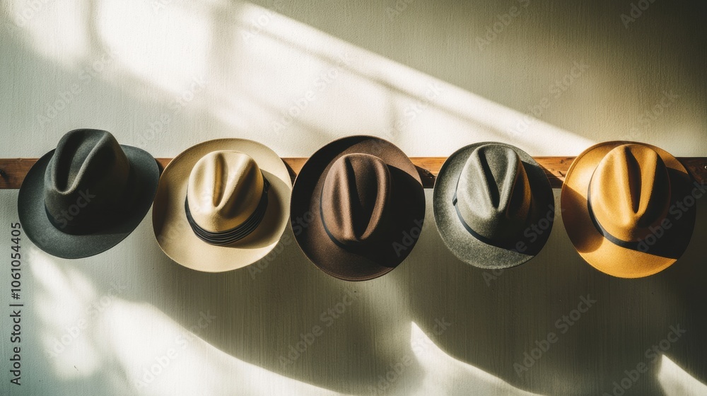 Poster five elegant fedora hats in various colors rest on a wooden rack, illuminated softly by natural sunl