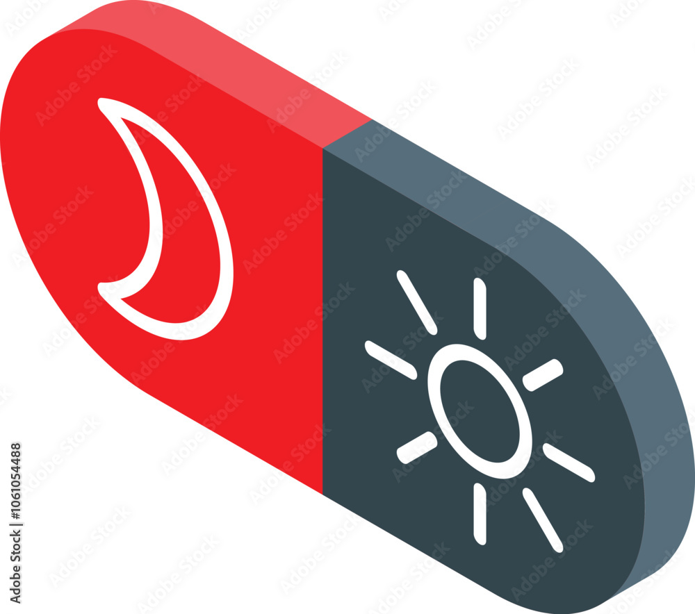 Poster red and gray toggle switch with sun and moon icons representing day and night mode