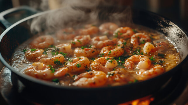 sizzling gambas al ajillo in a rustic cast iron skillet, juicy shrimp cooked in golden garlic-infused olive oil, garnished with chopped fresh parsley and chili flakes