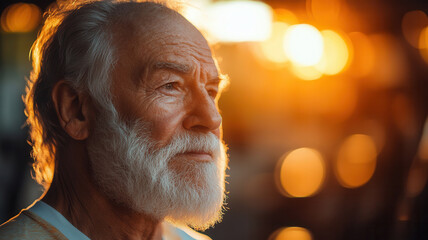 Stylish grandpa exercising on an orbitrek during golden hour at the gym, showcasing fitness and vitality in later years