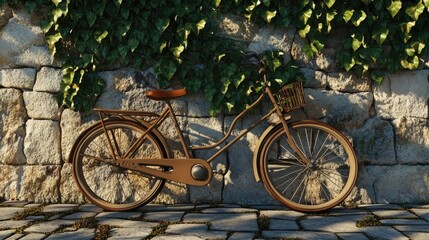 Vintage bicycle against a stone wall with ivy