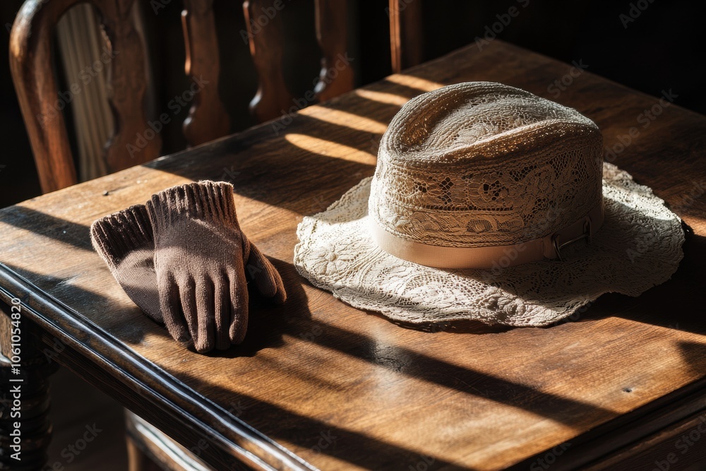 Poster a vintage lady's hat and soft gloves lie quietly on a rustic wooden table, illuminated by gentle bea