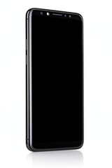 Black Smartphone With a Blank Screen and Modern Design Standing Vertically on a White Background