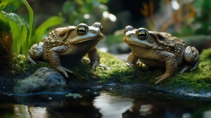 Toads walking over moss at a pond created with Generative AI