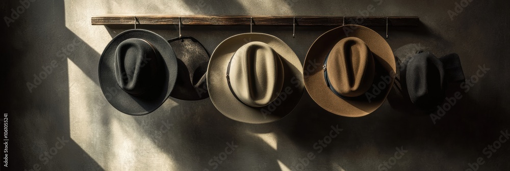 Poster a collection of classic fedora hats hangs neatly on a wooden rack, illuminated by gentle light highl