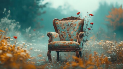 Vintage Chair Surrounded by Wildflowers and Mist