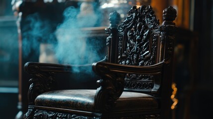 Ornate Wooden Chair with Smoke Effects in Background