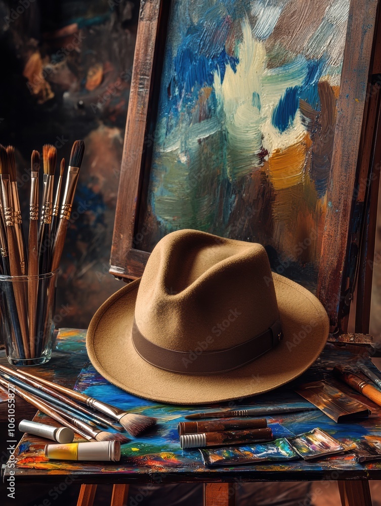 Poster a brown artist's hat lies next to various brushes and tubes of paint on an easel showcasing an abstr