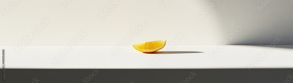 Poster A Single Slice of Lemon on a White Surface with Sunlight Casting a Shadow