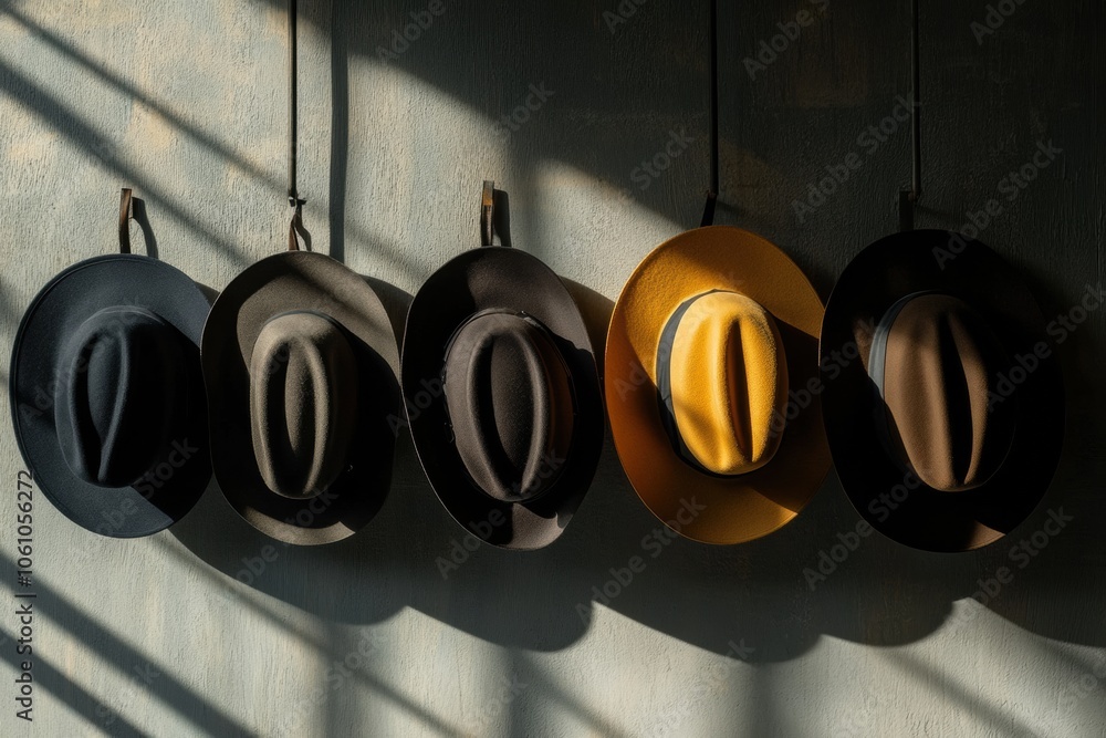 Poster five classic fedora hats of varying colors hang neatly in a row, illuminated by soft, warm light cre