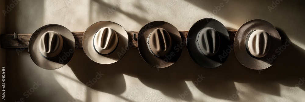 Poster five classic fedora hats are displayed on a wooden rack, featuring various colors and casting striki