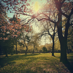 The sun shines through the trees in a park with blooming flowers