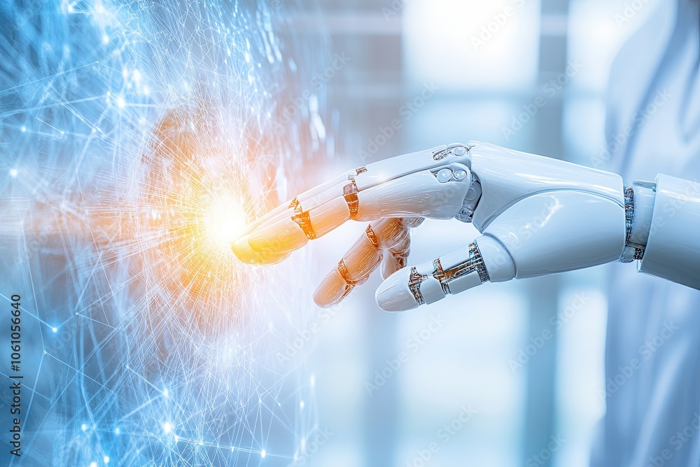 Aufkleber Human and Robot Hands Connect at the Forefront of Global Data Networks in a Digital Setting