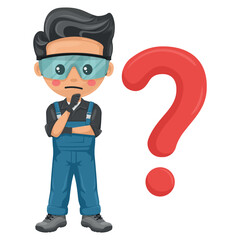 Maintenance technician pensive and expressing doubt with giant question sign for FAQ concept. Handyman with personal protective equipment focused on maintenance repairs in industrial and domestic