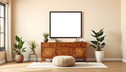 Stylish retro composition of living room with black mock up poster frame, vintage commode and pouf, plants and elegant personal accessories. Retro home decor. Beige background walls.  Template isola