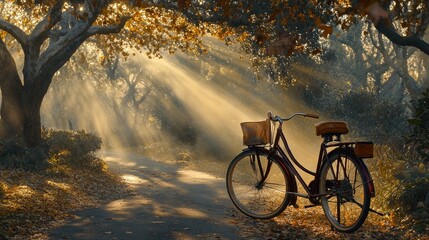 Obraz premium Serene Bicycle Ride Through Sunlit Autumn Forest
