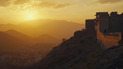 Obraz premium A majestic fort stands tall on a hilltop, silhouetted against a stunning sunset over a mountainous landscape.