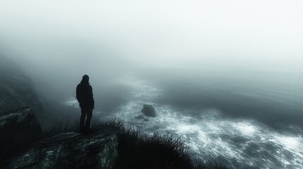 Obraz premium Solitary Figure Overlooking Misty Ocean Cliff