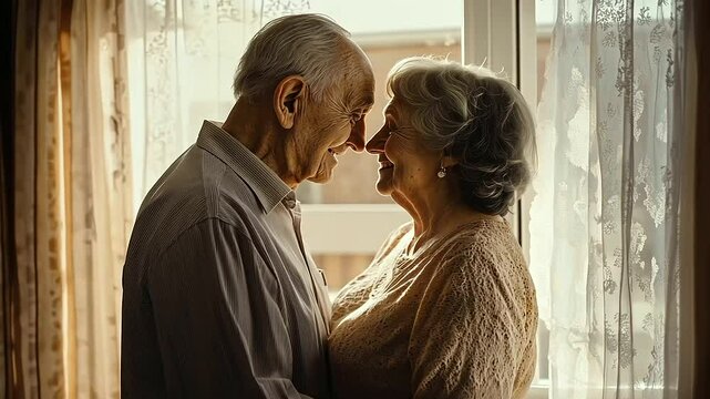 A senior man and woman sharing a heartfelt moment by the window, hugging and touching foreheads as they celebrate their marriage, love, and lifelong commitment during a special ann
