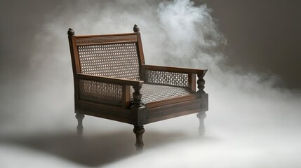 Elegant Wooden Chair Amidst Soft Smoke Effect