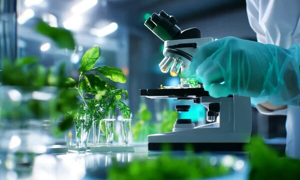 A laboratory scene with a microscope and plants, emphasizing scientific research and analysis.