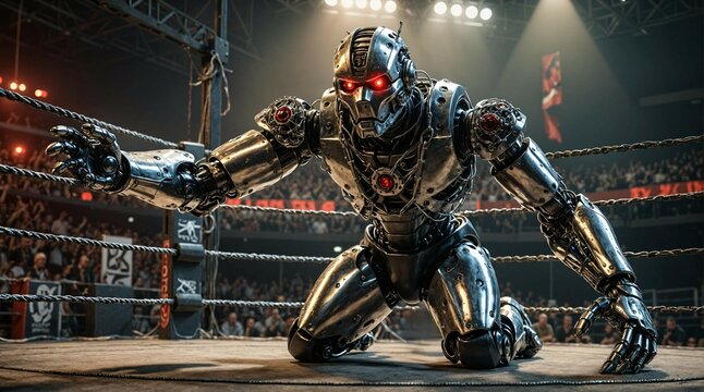 robotic wrestler towering over gritty dieselpunk arena, perfect for post-apocalyptic visual projects
