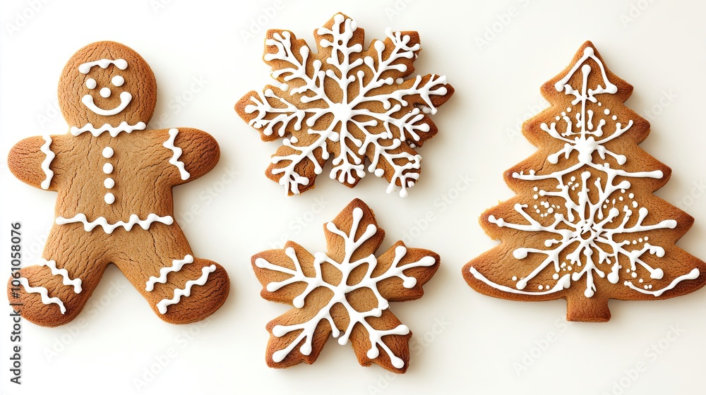 Poster gingerbread cookies shaped like men snowflakes and trees with icing generative ai