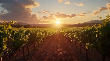 Fototapeta premium A scenic vineyard at sunset with rows of grapevines leading to a beautiful golden sky.