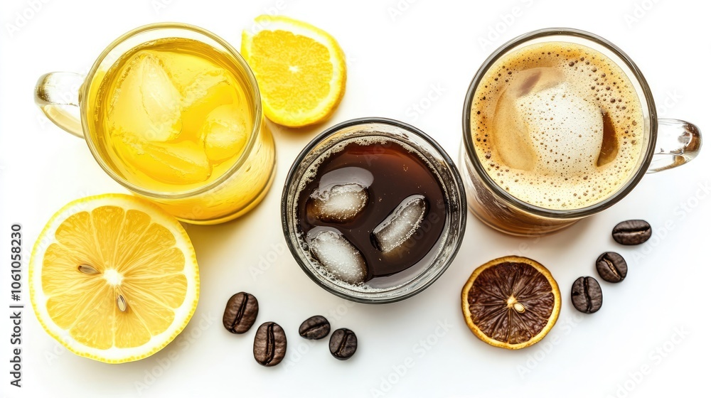 Poster refreshing summer drinks with lemonade and iced coffee on display generative ai