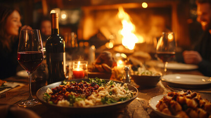 Fototapeta premium Family Gathering by the Fireplace with Holiday Dinner