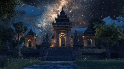 A starry night sky above a tranquil temple, capturing the essence of peace and spirituality.