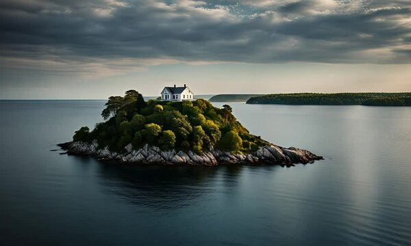 House on an island in the middle of the sea.